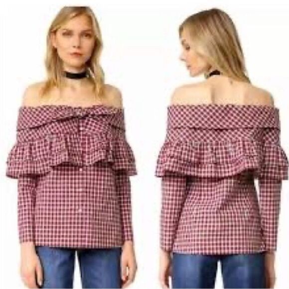 Petersyn Georgia Off The Shoulder Blouse Plaid Top - Picture 1 of 12